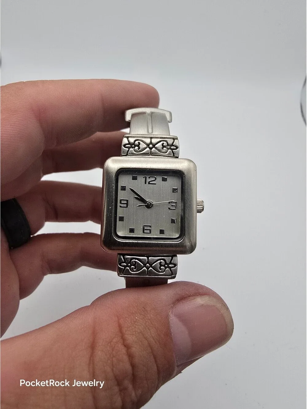 Vintage Silver Tone Square Face Wristwatch with Decorative Band